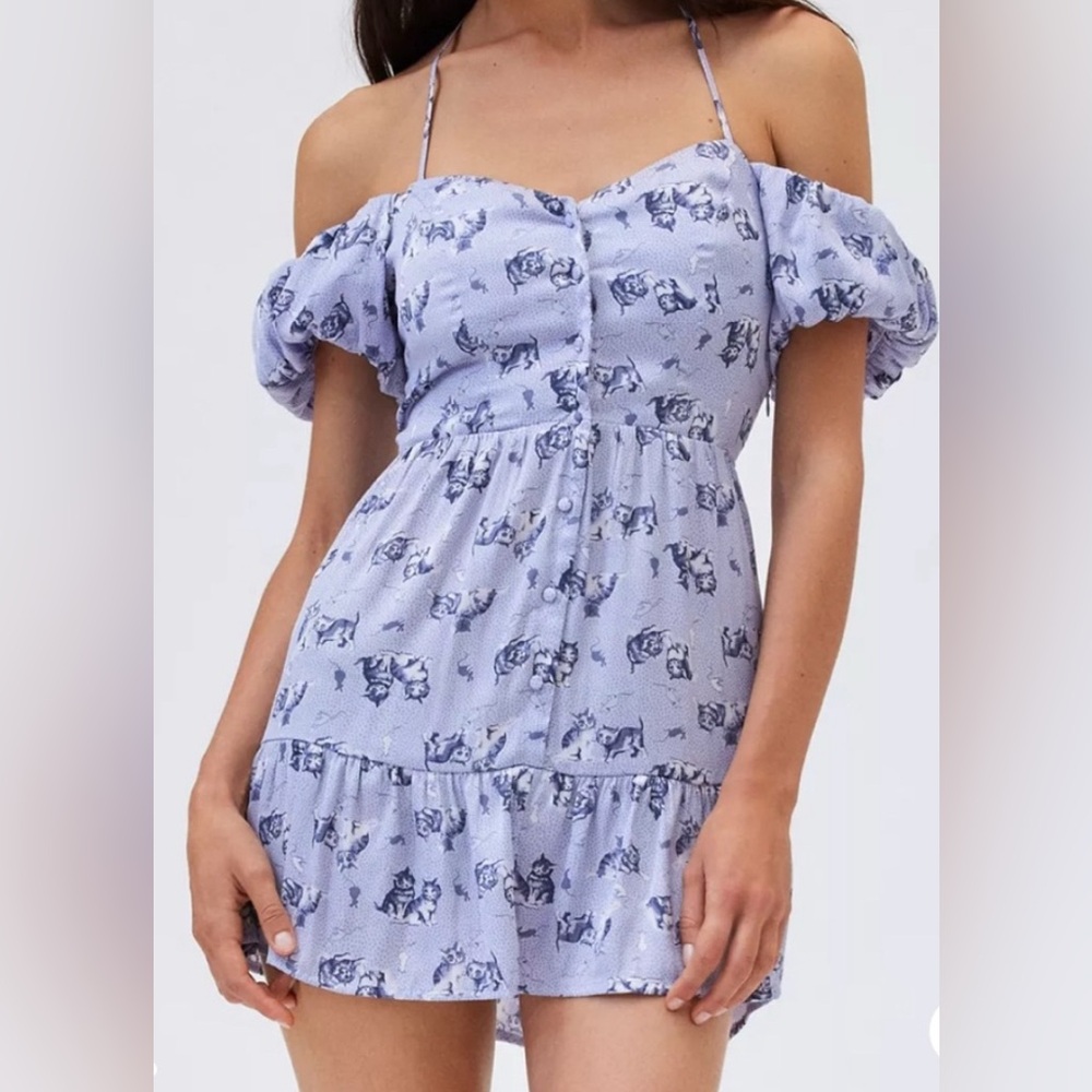 Kimchi Blue Urban Outfitters Off-Shoulder Blue coquette Cat Mini Dress S NWT